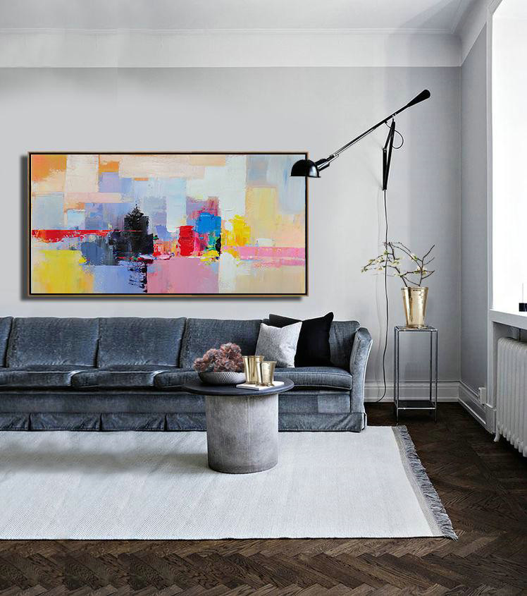 Oversized Canvas Art On Canvas,Horizontal Palette Knife Contemporary Art Panoramic Canvas Painting,Big Art Canvas,Black,Pink,Yellow,Red,Blue.etc